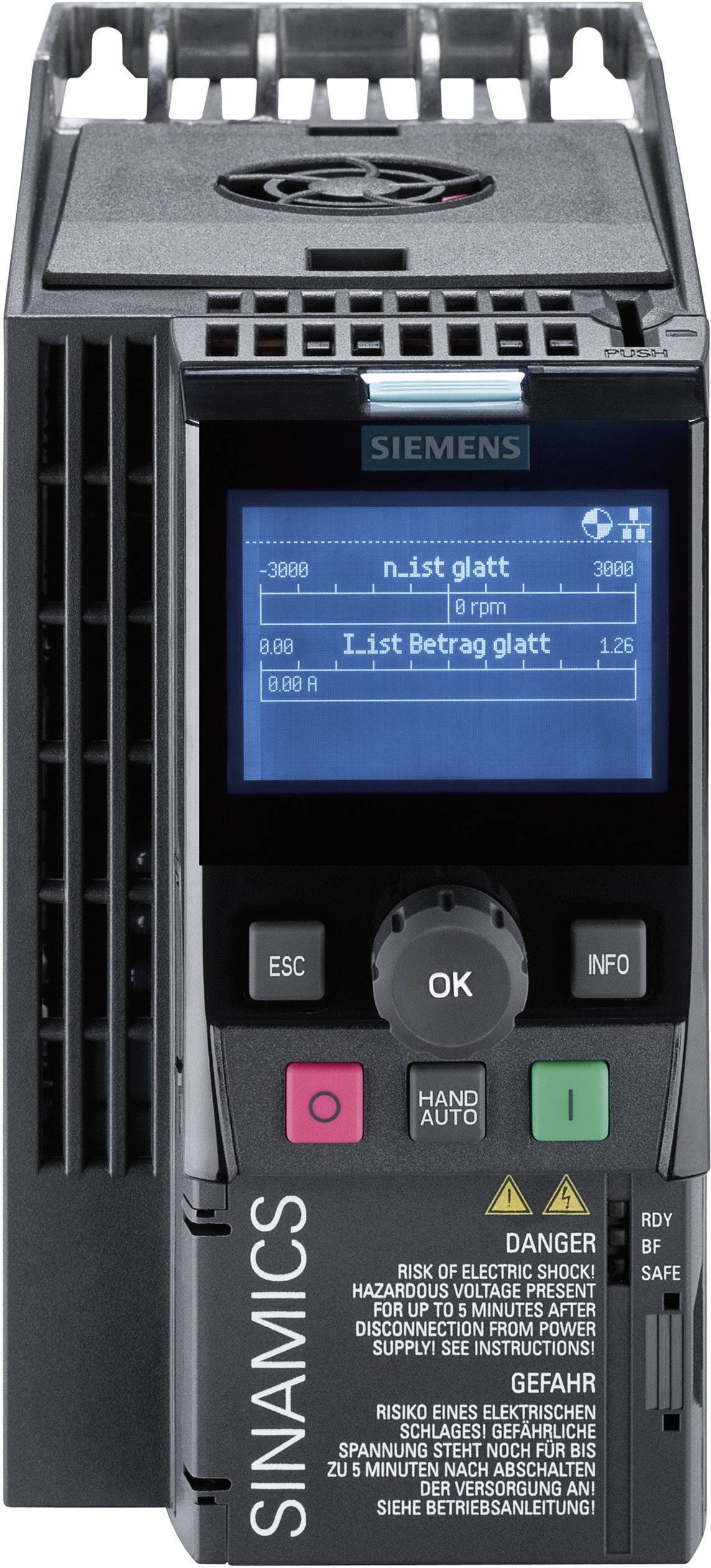 Siemens SINAMICS frekvenciaváltó digitális kijelzővel ipari alkalmazásokban a motor fordulatszámának szabályozásához.