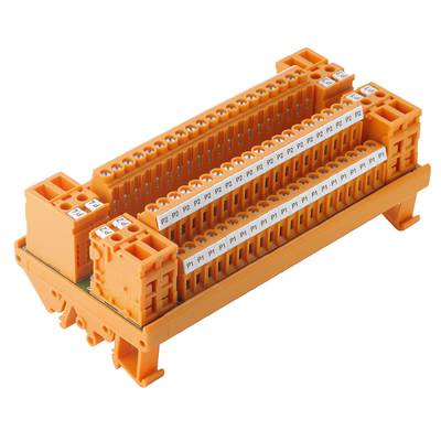 Egy narancssárga csatlakozómodul több csatlakozóval két szinten, amelyet elektronikai rendszerek bekötéséhez használnak.