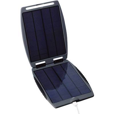 Hordozható napelemes töltő két összehajtható panellel és USB-csatlakozóval kisméretű elektronikai eszközök áramellátásához.