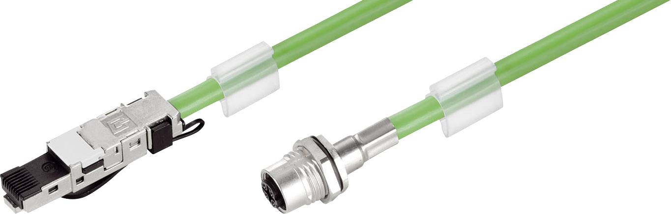 Egy zöld adatkábel RJ45- és kerek M12-csatlakozóval, ipari hálózati alkalmazásokhoz alkalmas.