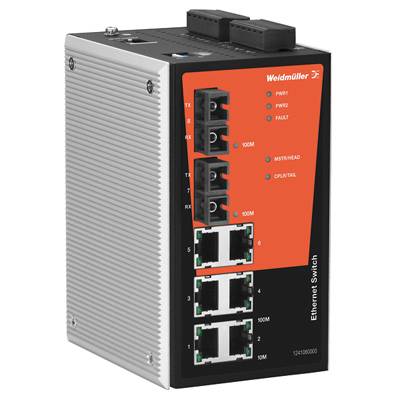 Egy Weidmüller ipari Ethernet-switch nyolc porttal és állapotjelző lámpákkal áramellátáshoz, hibákhoz és kapcsolatokhoz.