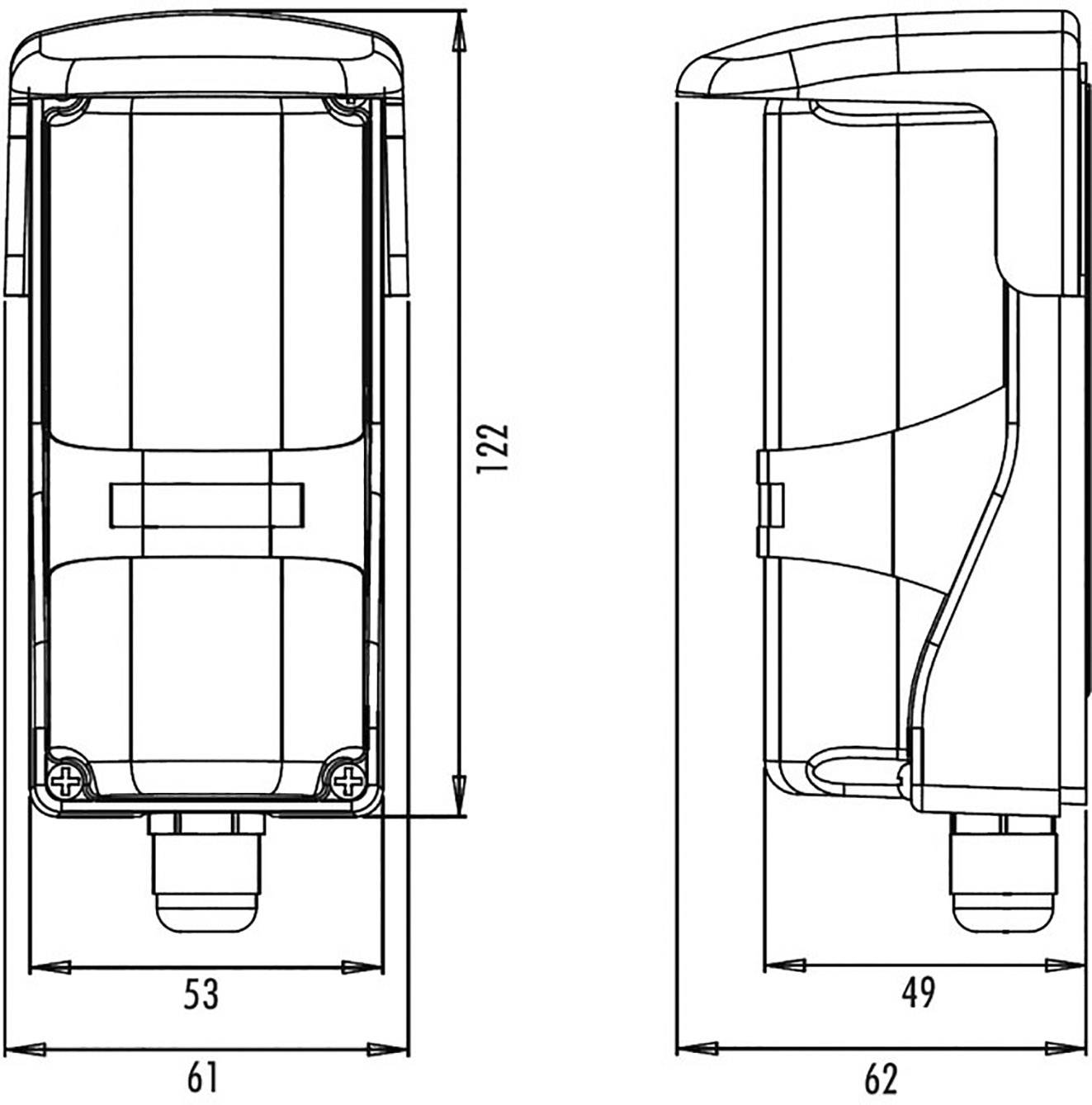 Műszaki rajz egy elektronikai eszközről méretekkel: 122 mm magasság, 61 mm szélesség, 49 mm mélység. Oldal- és frontális nézet.