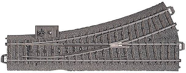 Vasúti váltó két sínágú elágazással, modellvasutak számára. Láthatóak a talpfák és a sínösszekötők részletei.