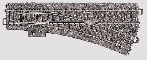 Modellvasúti síndarab váltóval, világos háttér előtt. A sín barna anyagból készült, részletes kavicságyazat utánzattal.