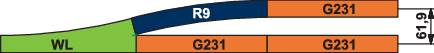 A diagram három színes területet mutat: 'WL' zöld színben, 'R9' kék színben, két alkalommal 'G231' narancssárga színben. Teljes hosszúság: 57,9 cm.