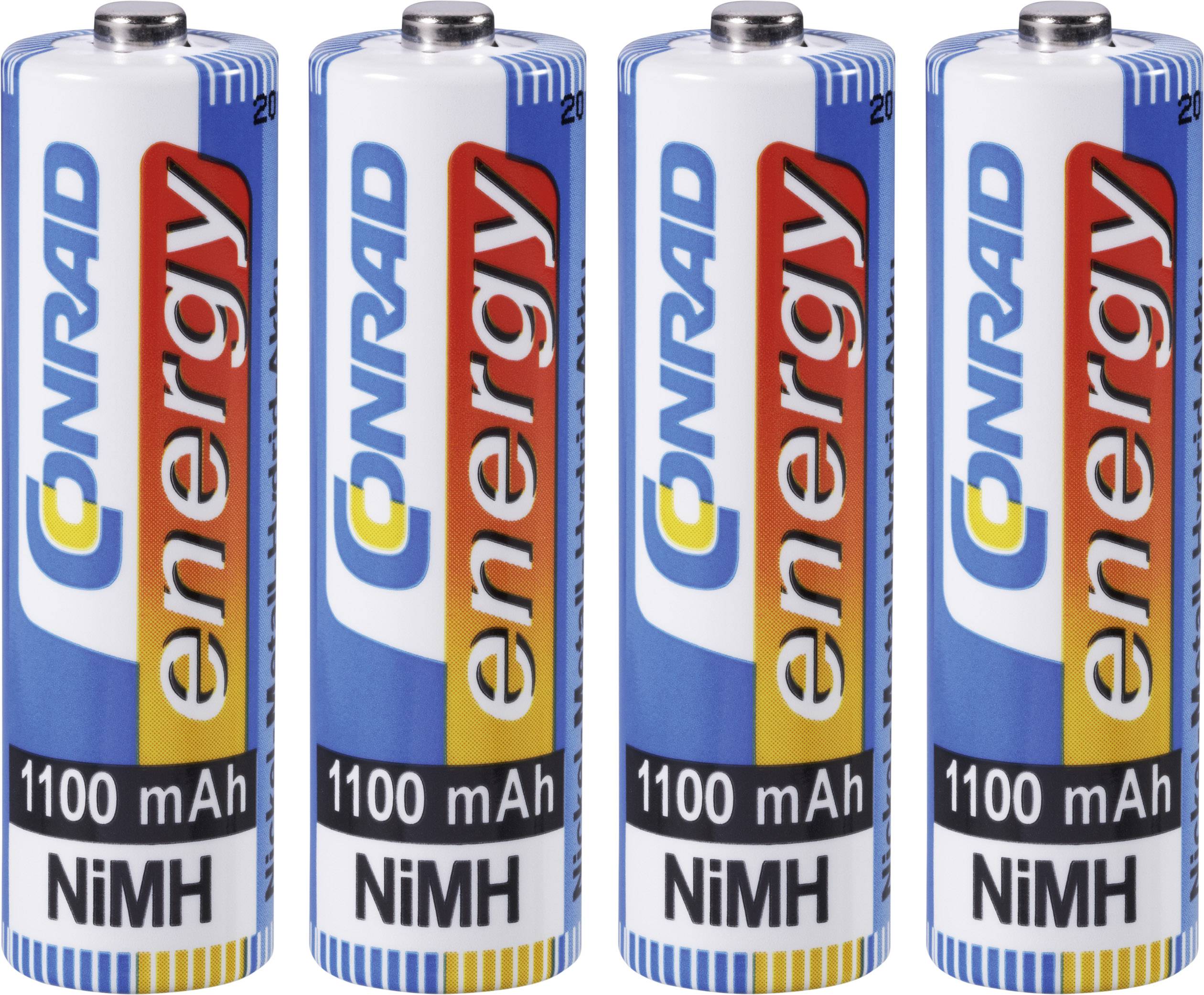 Négy darab AA típusú akkumulátor, 'Conrad Energy' márkájú, 1100 mAh kapacitású, NiMH típusú. Mindegyik akkumulátoron színes logó és kapacitásjelzés látható a címkén.