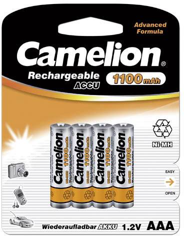 Négy újratölthető Camelion AAA akkumulátor, 1100 mAh, Ni-MH, 1,2V, a csomagolás egyszerű kezelhetőséget és korszerű formulát mutat.