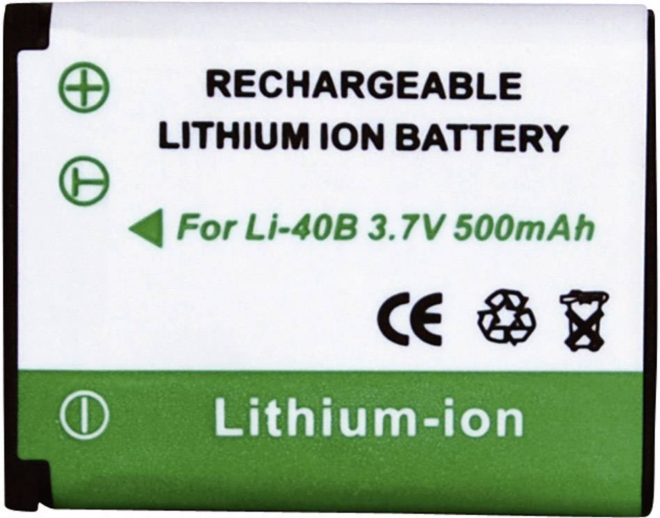 Lítium-ion akkumulátor, újratölthető, Li-40B, 3,7V, 500mAh az újratölthetőség és újrahasznosítás szimbólumaival.