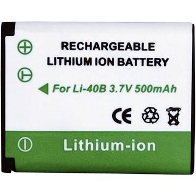 Lítium-ion akkumulátor, újratölthető, Li-40B, 3,7V, 500mAh az újratölthetőség és újrahasznosítás szimbólumaival.
