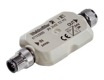 Fehér Weidmüller dióda modul 'OUT 24V 2A' felirattal és CE-jelöléssel, elektromos alkalmazásokhoz tervezve.