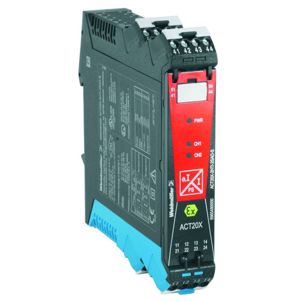 Ipari elektronikai modul, fekete és kék színben, piros és fehér jelölésekkel az elején, 'ACT20X' modell. Robbanásveszélyes területeken történő alkalmazásra alkalmas.
