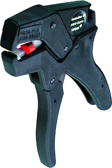 Egy automata kábelcsupaszító, fekete színben, ergonomikus markolattal és a kábel átmérőjének beállítási lehetőségeit jól láthatóan mutató kivitelben.