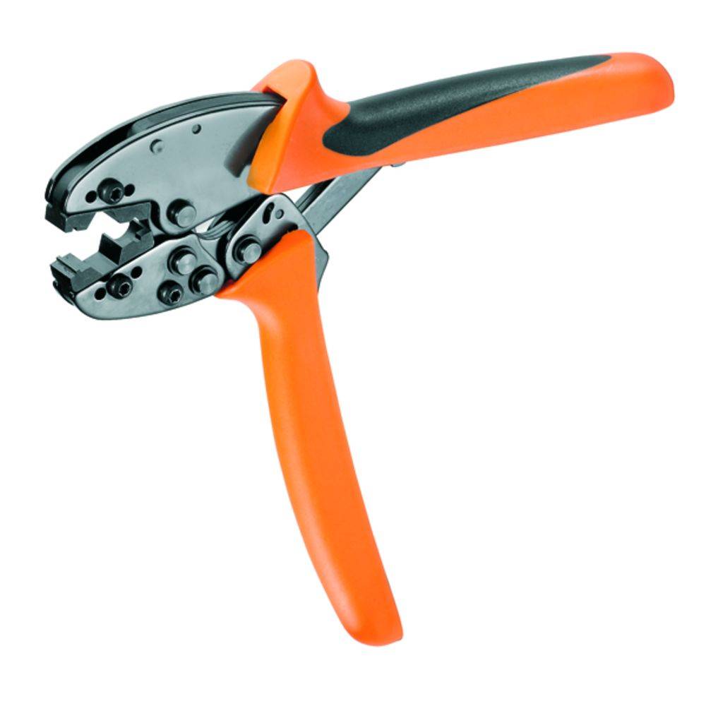 Narancssárga fogantyús fogó kábelek krimpelésére. A fogó fekete munkaterülettel és állítható csavarokkal rendelkezik.