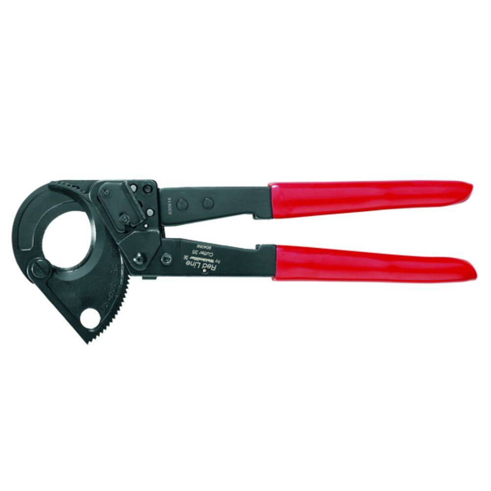 Piros fogantyús racsnis kábelvágó, vastag kábelek vágásához.