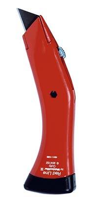 Piros biztonsági szike ergonomikus markolattal és fekete pengével, oldalsó gombbal a penge állításához.