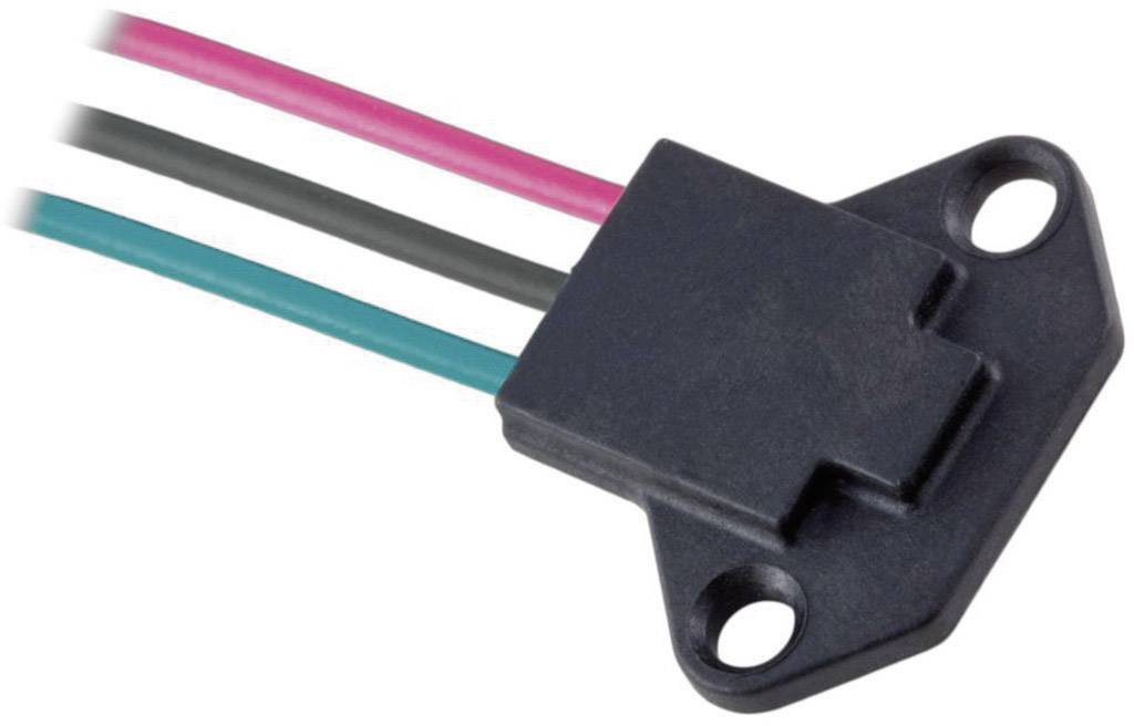 Egy fekete mágneses érzékelő két csavarlyukkal; piros, fekete és zöld vezetékek csatlakoztatva.