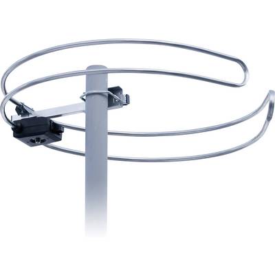 Kerek, fémes VHF-szobai antenna vízszintes gyűrűkkel, függőleges rúdra szerelve. Rádiós vételre alkalmas.
