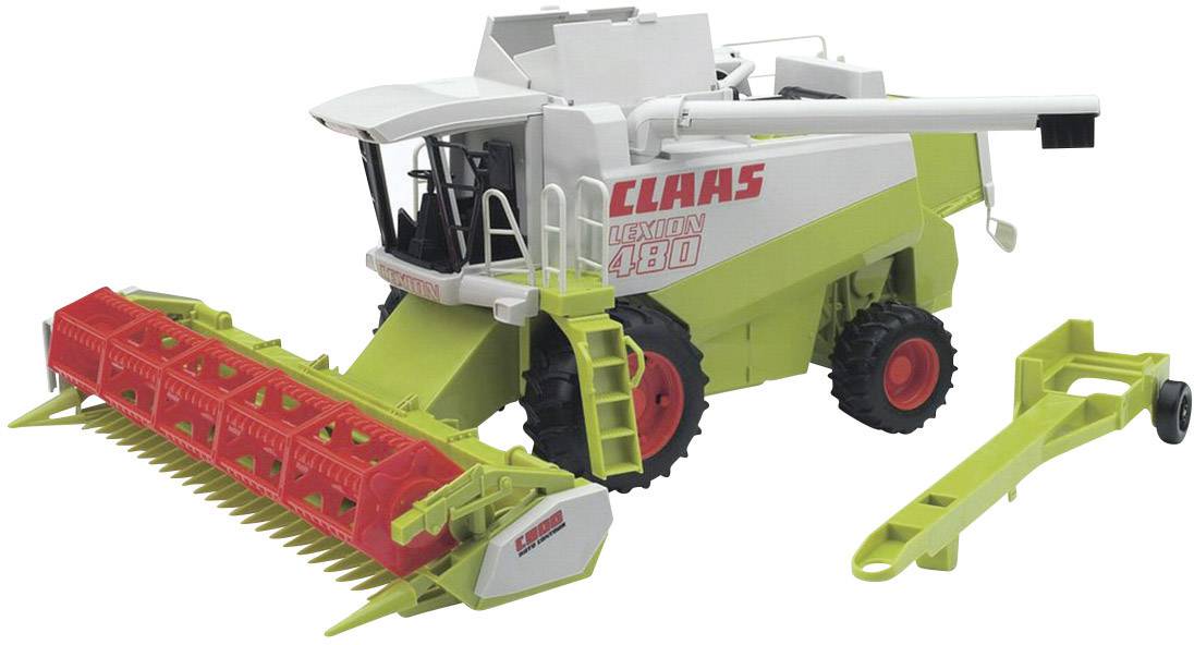 Zöld és piros játék kombájn 'CLAAS LEXION 480' felirattal, levehető vágóasztallal, kipufogócsővel és létrával látható.