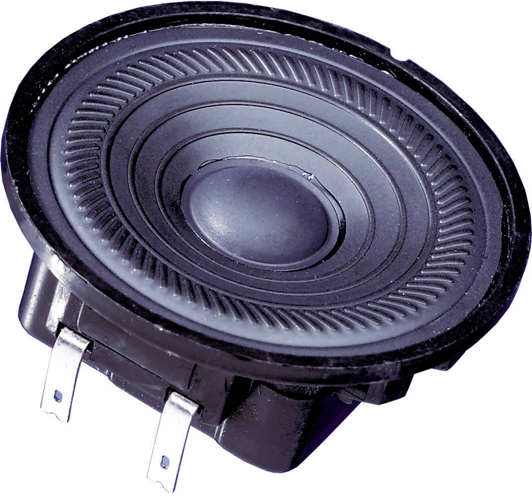 Kerek, fekete hangszóró, látható elektromos csatlakozási érintkezőkkel.