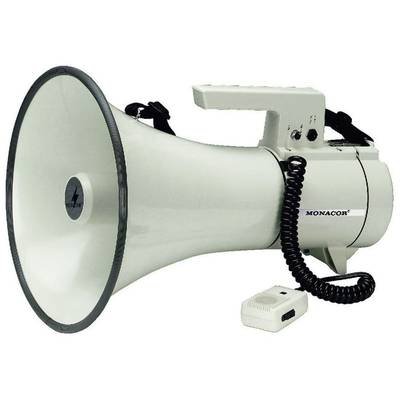 Egy fehér megafon előnézete látható, amelynek fogantyúja és mikrofonja van, egy spirál alakú kábellel összekötve.