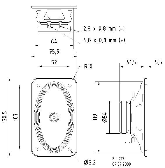 Műszaki rajz egy téglalap alakú hangszóróról méretekkel: 130,5 x 75,5 mm. Részletek a furatoknál, R10 sugár és 52 mm mélység.