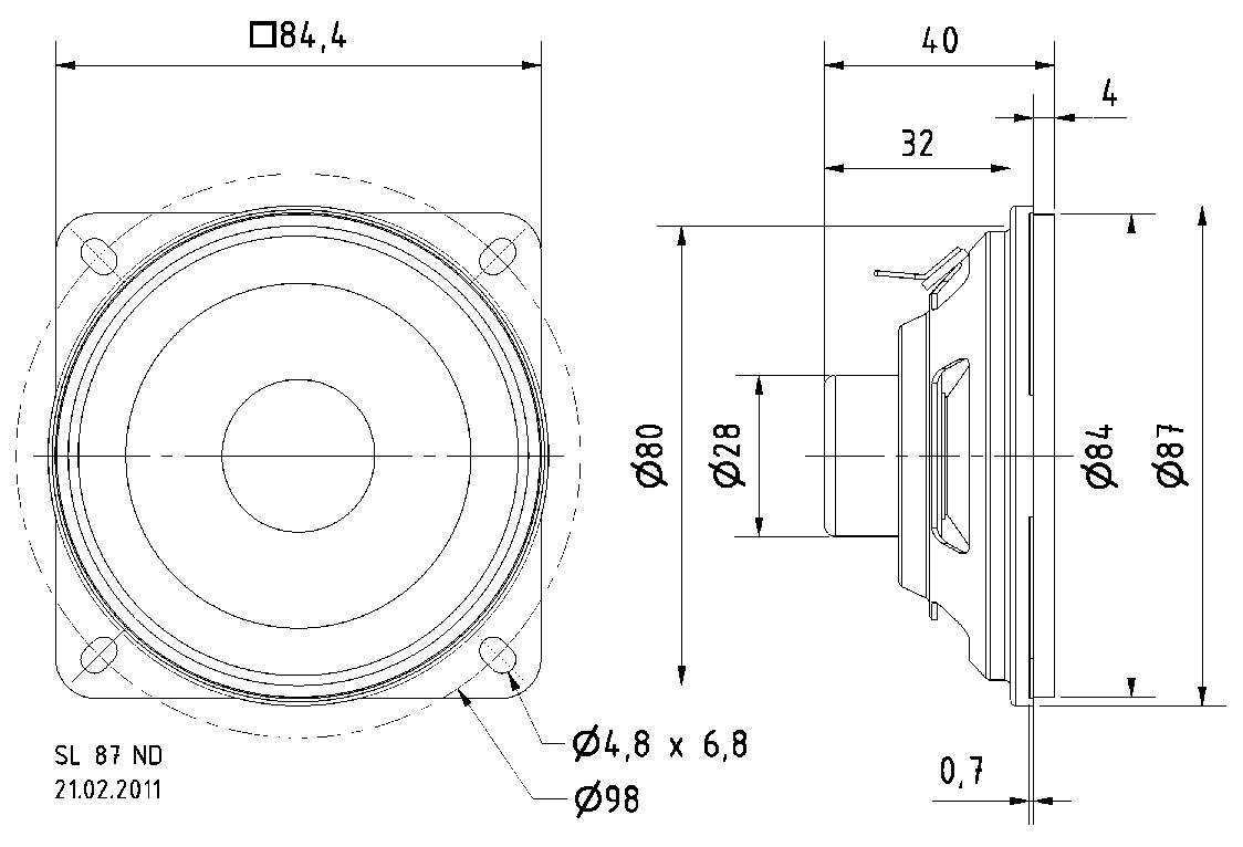 Egy hangszóró műszaki rajza méretmegjelöléssel milliméterben; elölnézet és oldalnézet.