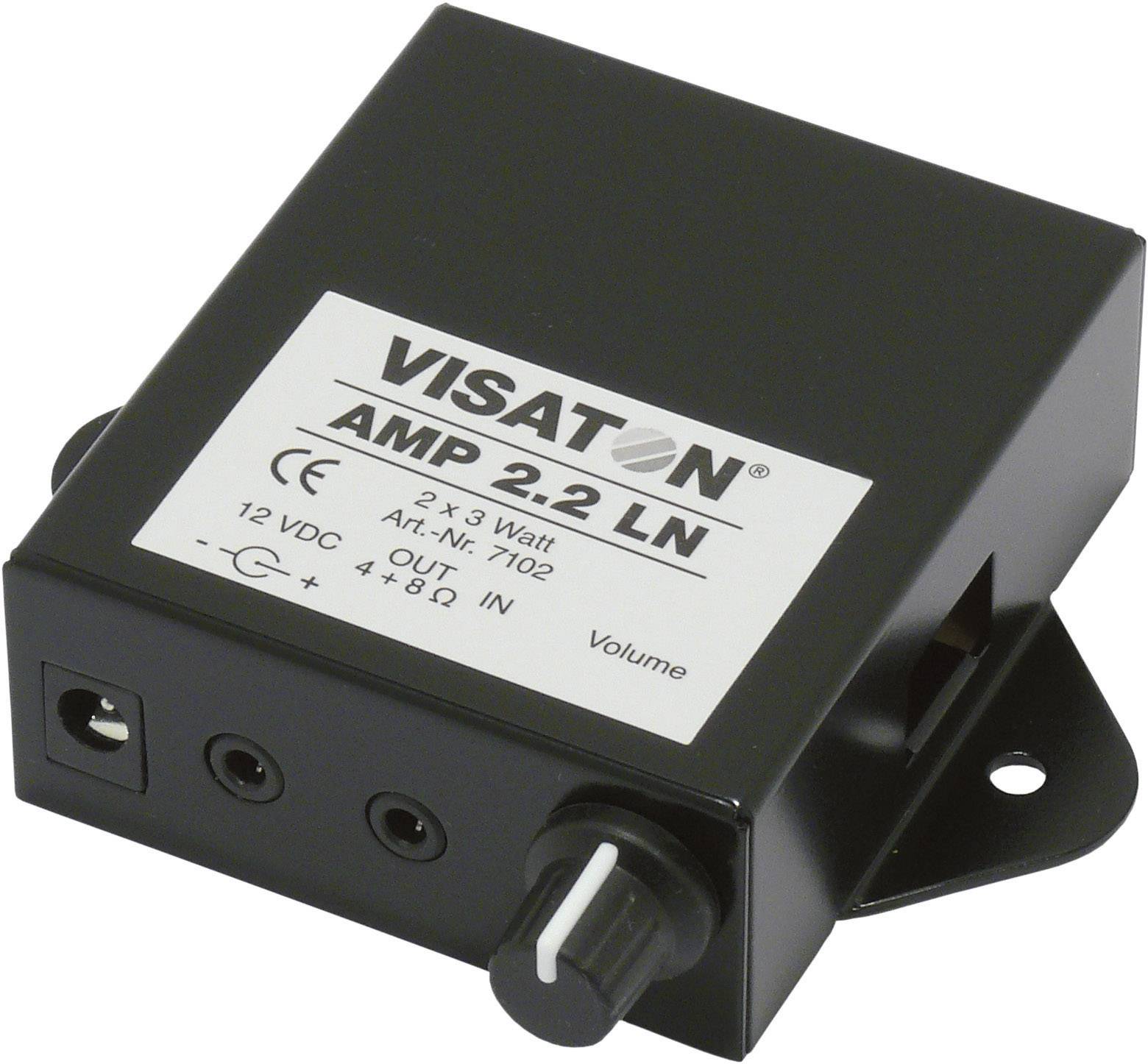 Visaton márka kis fekete erősítő, AMP 2.2 LN modell, hangerőszabályzóval és csatlakozókkal. Alkalmas 12 V DC tápellátáshoz, 2 x 3 watt teljesítménnyel.