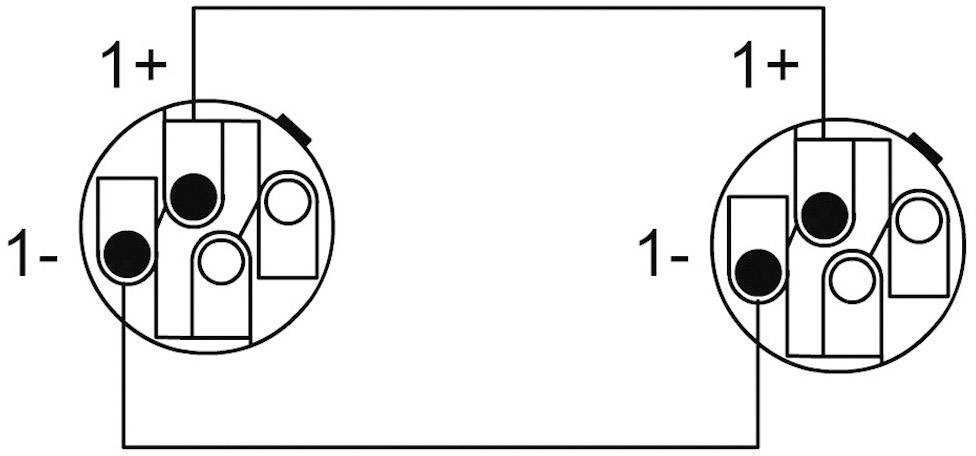 Bekötési rajz: Két körkörös csatlakozó, mindkettő '1+' és '1-' jelöléssel. A csatlakozók két vezetékkel vannak összekötve.