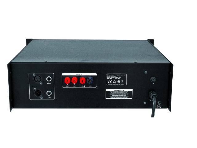 A fekete audiovesítő hátulnézete, amely különböző bemeneteket és csatlakozókat tartalmaz, beleértve az XLR- és hangszórós csatlakozókat.