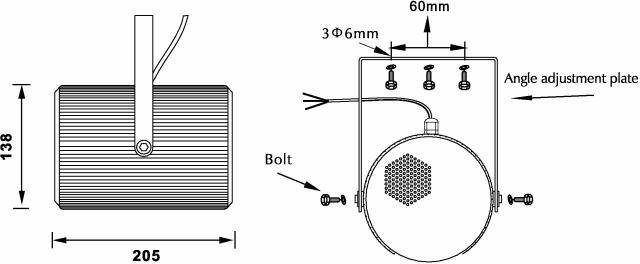 Lámpa méretezett diagramja: szélesség 205 mm, magasság 138 mm. A szögbeállító lemez és a csavaros rögzítés részletei.