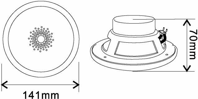 Egy hangszóró illusztrációja oldal- és elölnézetben. Méret: 141 mm átmérő, 70 mm magasság.