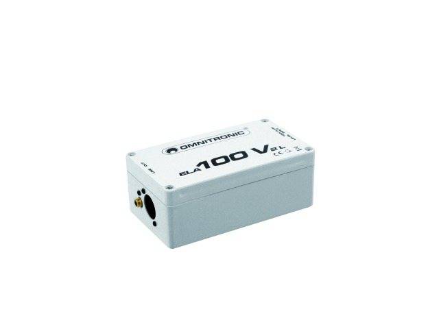 Egy kompakt, téglalap alakú elektronikai ház '100V' felirattal és márkalogóval. Csatlakozókat egy oldalán tartalmaz.