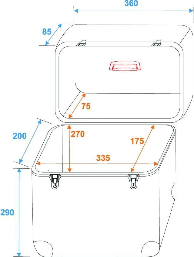 Izometrikus rajz egy nyitott tartályról méretekkel: 360 x 290 x 200 mm. Belső méret: 335 x 270 x 175 mm. Fedél látható.