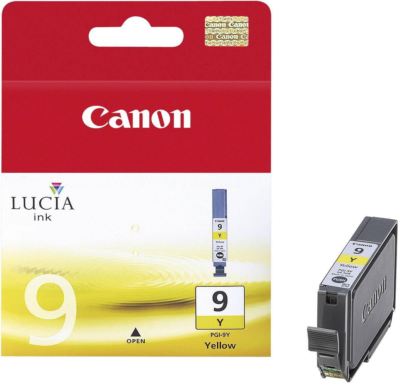 Canon PGI-9Y tintapatron, sárga csomagolás, amelyen kívül látható a tintapatron. Alkalmas Canon nyomtatómodellekhez.