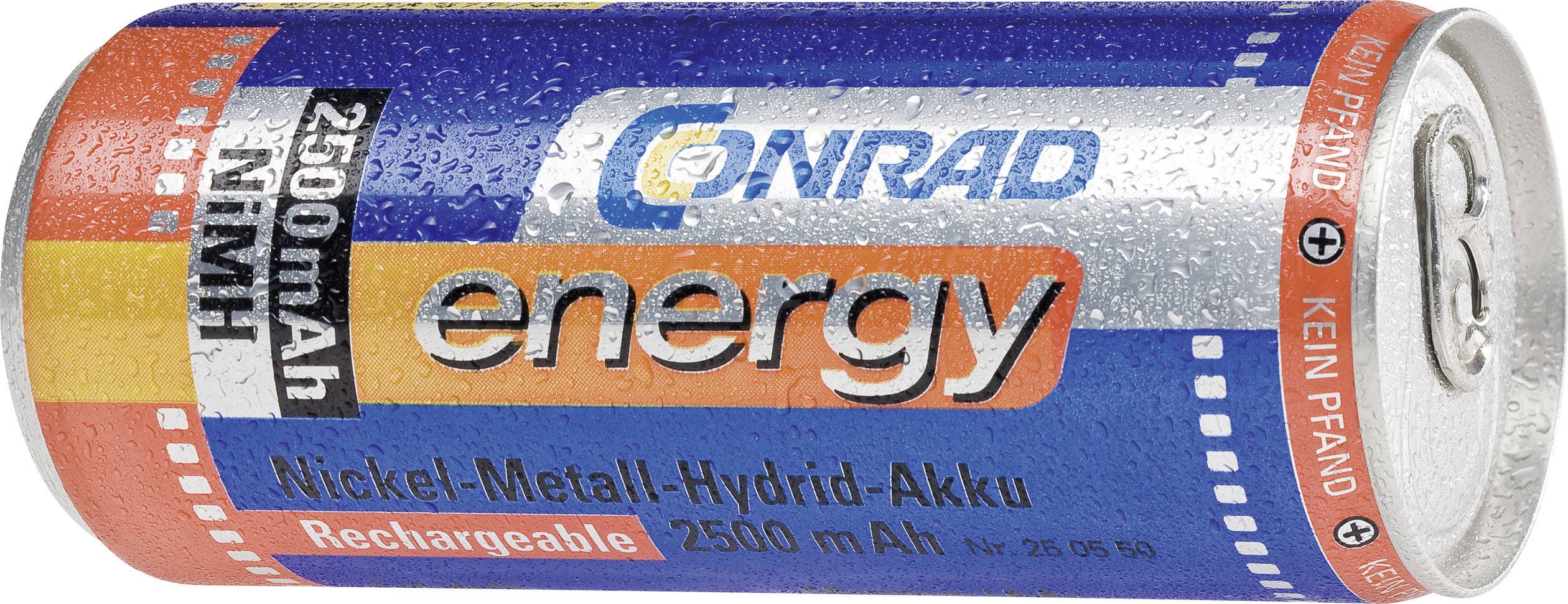 Nikkel-fém-hidrid akkumulátor, márkanév 'Conrad Energy', kapacitás 2500 mAh, újratölthető, hengeres forma színes burkolattal.