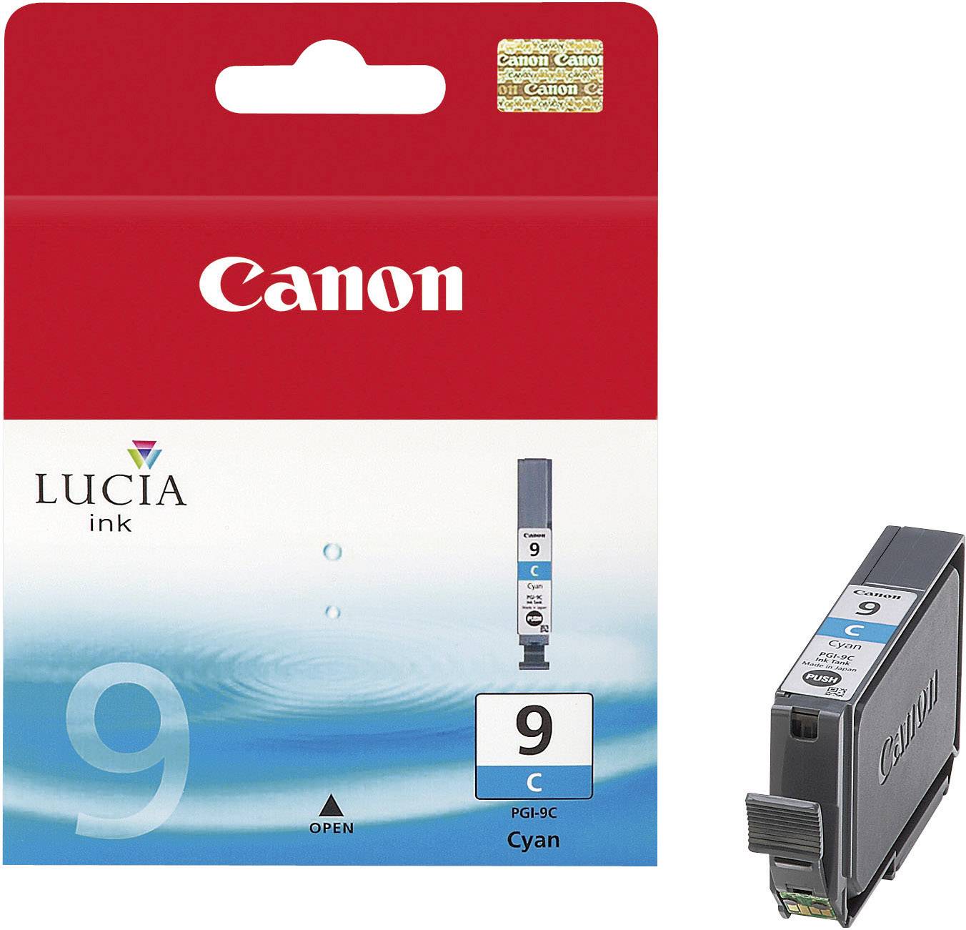Canon tintapatron, PGI-9C modell, szín: Cyan. A csomagolás tintacseppeket mutat vízben.