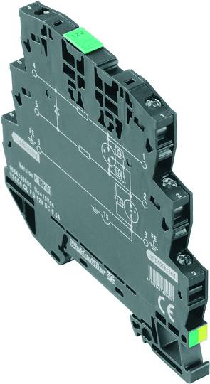 Fekete, lapos elektronikai modul zöld csatlakozókkal és fehér jelölésekkel, amelyet elektromos áramkörökben használnak.