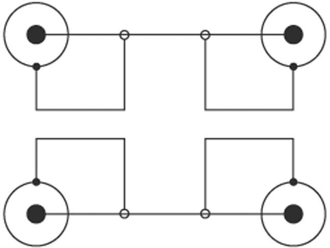 Kapcsolási rajz négy fekete pontot mutat, amelyeket vonalak kötnek össze, két párhuzamos körrel felül és alul.