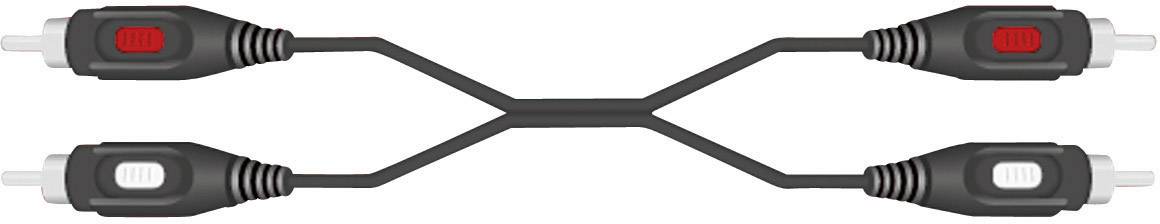Négydugós audiokábel. Két dugasz piros színnel jelölt, kettő fehér. Egy egyetlen kábel köti őket össze.