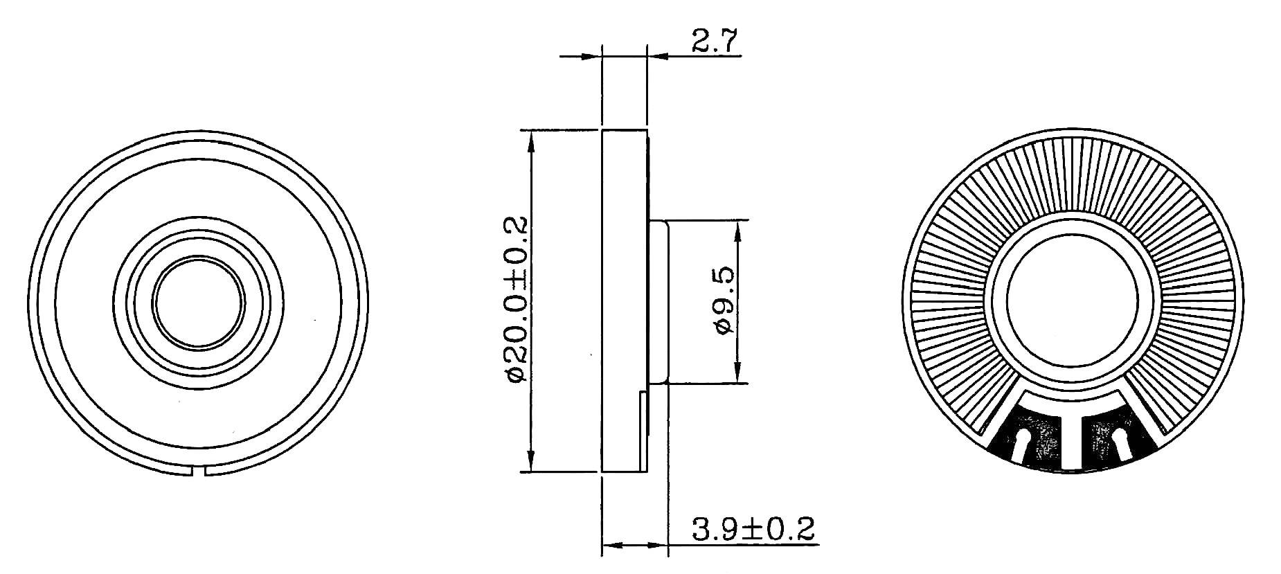 Műszaki rajz egy kerek elektronikai alkatrészről. Elölnézetet, oldalnézetet és hátulnézetet mutat méretekkel és részletekkel.
