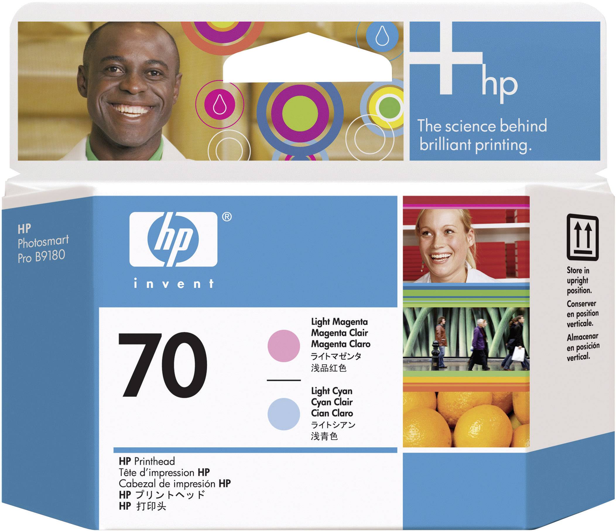 HP 70 tintapatron csomagolás színes dizájnnal, emberek és narancsok fényképeivel. Termékleírás és HP-logó látható.
