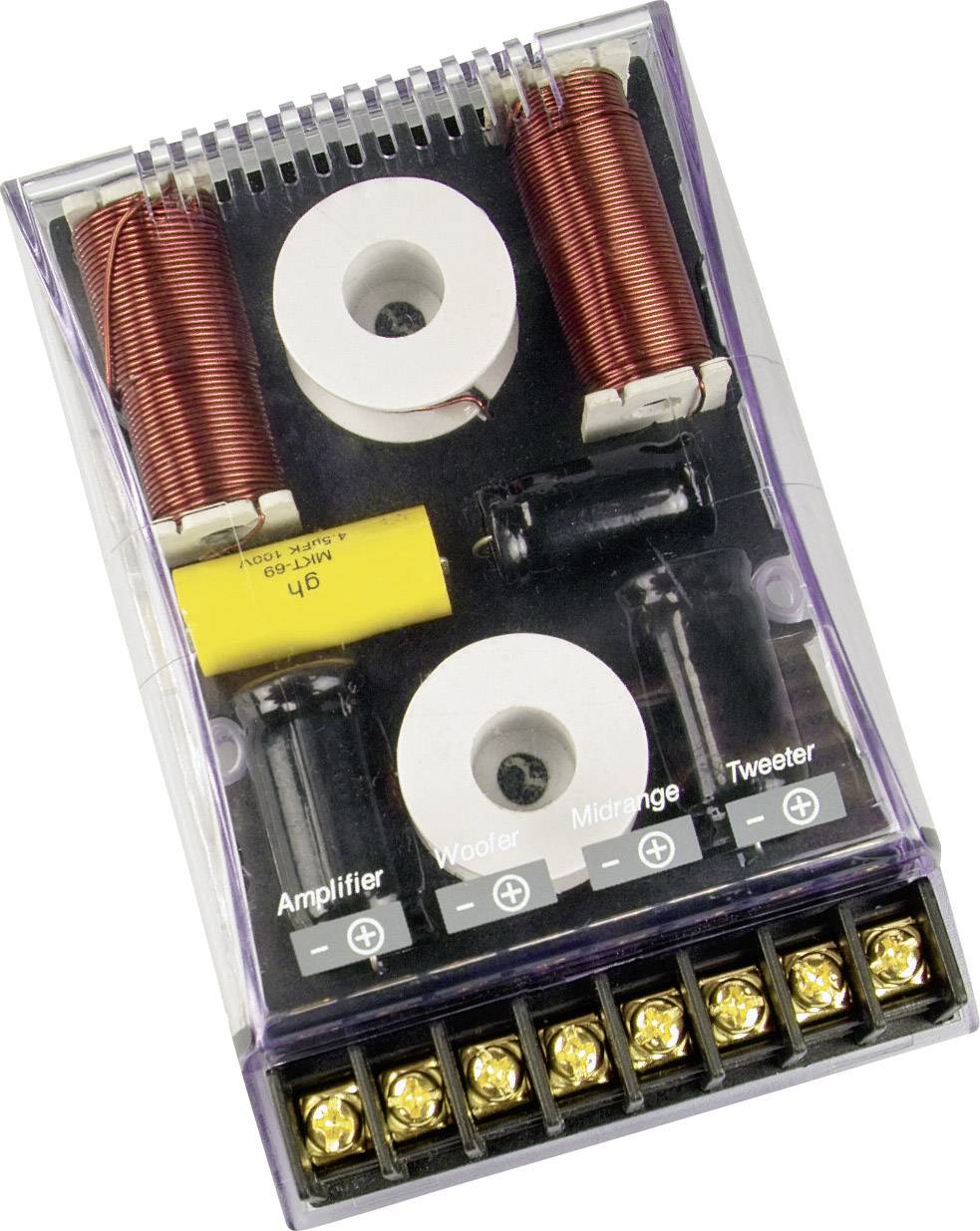 Belső frekvenciaelosztó átlátszó házban, tekercsekkel, kondenzátorokkal és csatlakozó kapcsokkal, 'Erősítő', 'Mélysugárzó', 'Középsugárzó', 'Magassugárzó' feliratokkal ellátva.