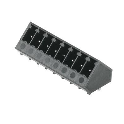 Hét csatlakozós elektronikus csatlakozó, fekete négyszög alakú házban, hajlított érintkezőkkel az alsó felületén.