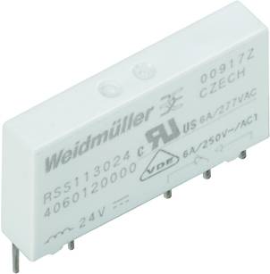 Fehér elektronikai alkatrész fekete nyomattal: 'Weidmüller', modellszám, elektromos specifikációk és származási ország.