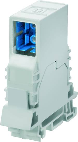 Egy szürke, téglalap alakú elektromos alkatrész kék belső bevonattal, sínre szerelhető, valószínűleg kapcsolótáblákhoz használatos.