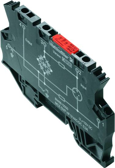 Elektronikus relé modul több csatlakozási ponttal és egy piros kapcsolóval az oldalán. Alkalmas 12V AC/DC alkalmazásokhoz.