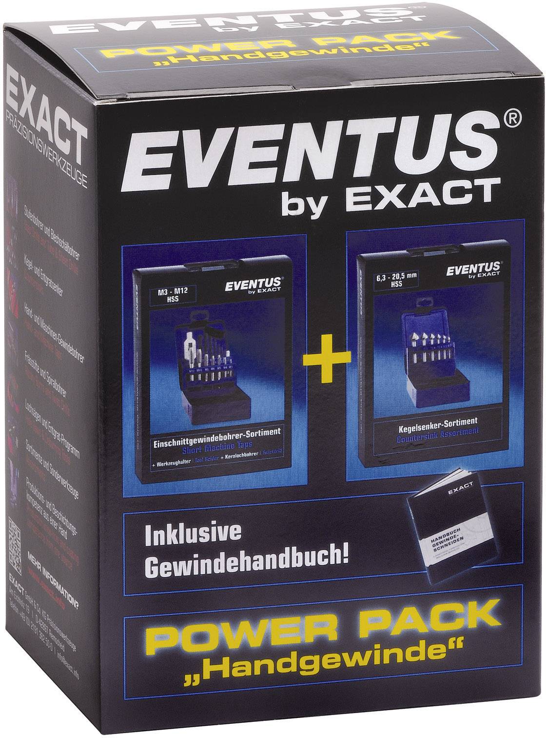 Az EVENTUS by EXACT Power Packs 'Kézi menet' csomagolása, mellékelt menetfúrási útmutatóval, menetszerelék-képekkel illusztrálva.