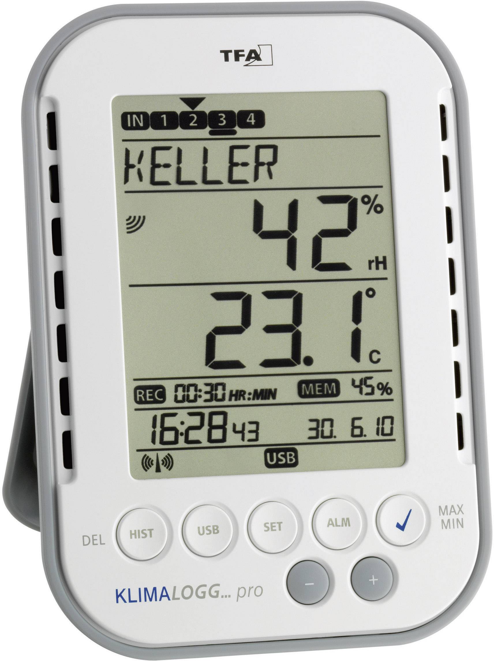 Digitális páratartalom-/hőmérő adatgyűjtővel, vezeték nélküli USB vevő, TFA KlimaLogg Pro 30.3039.IT