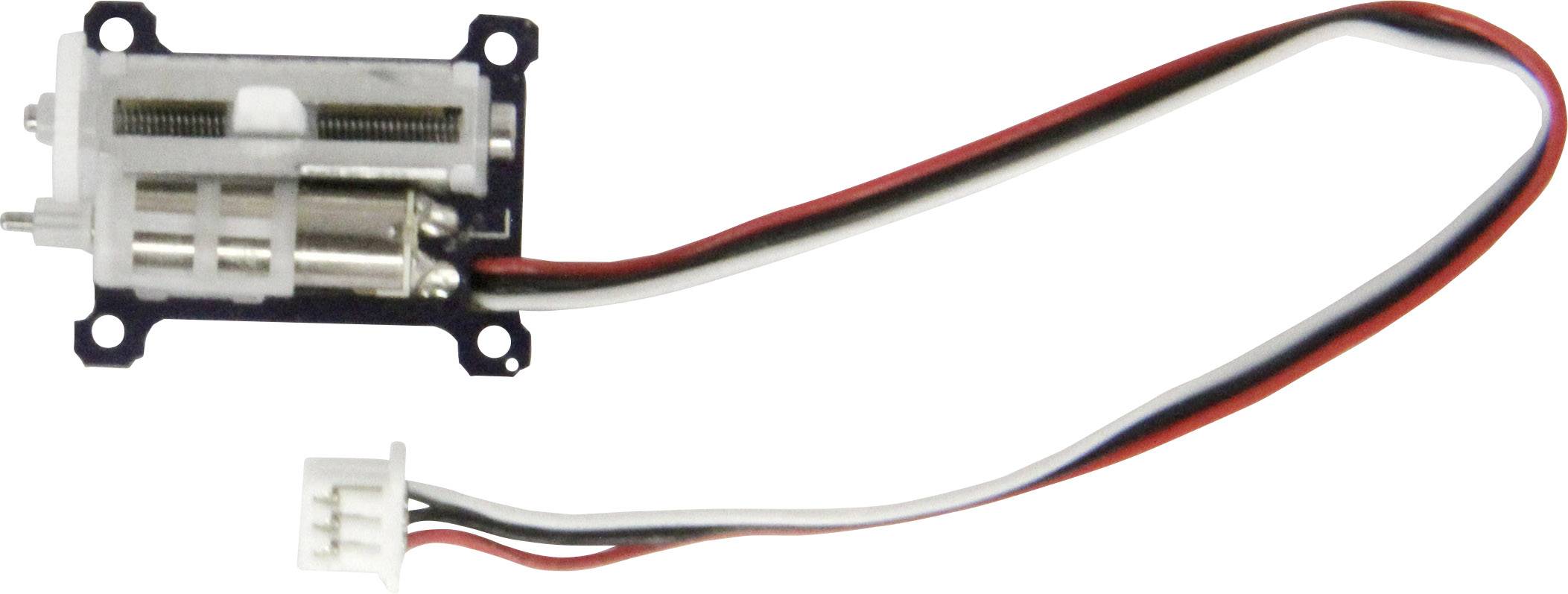 Egy kisméretű elektromos motor két kábellel, fehér csatlakozóval és egy tartóval, amelyet valószínűleg elektronikai eszközökben történő felhasználásra terveztek.