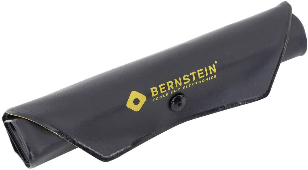 Fekete szerszámtáska sárga 'BERNSTEIN TOOLS FOR ELECTRONICS' logóval, összetekerten és patent-gombbal lezárva.